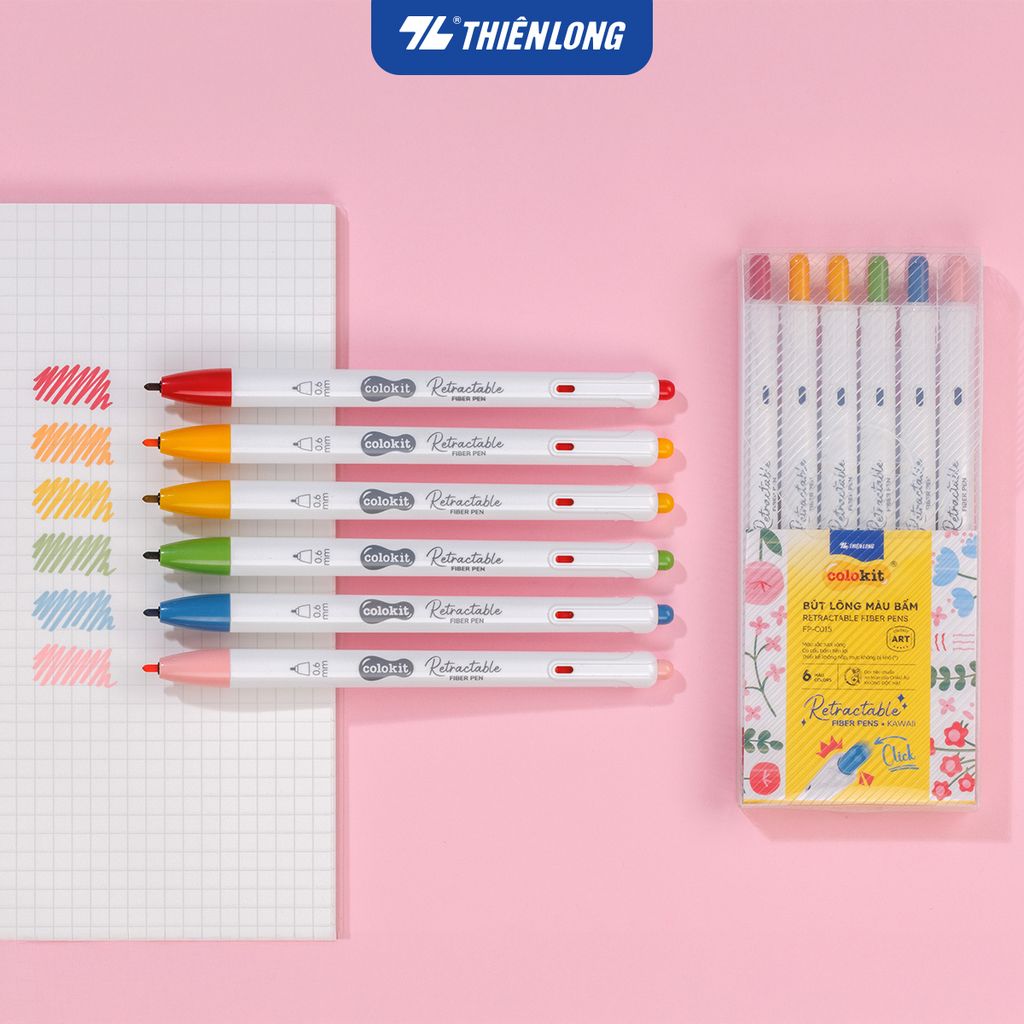 Bút lông 6/12 màu dạng bấm Retractable Fiber Pens Kawaii Thiên Long Colokit - 0.6mm