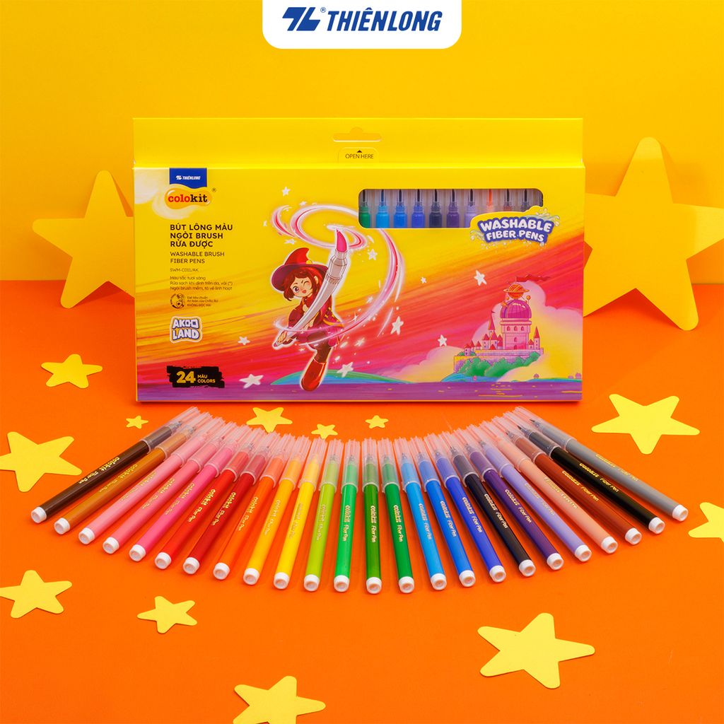 Hộp bút lông 12/ 24 màu rửa được - Washable Brush Fiber Pen Thiên Long Colokit - Nhân vật Futy Akooland thế giới học cụ thần kỳ