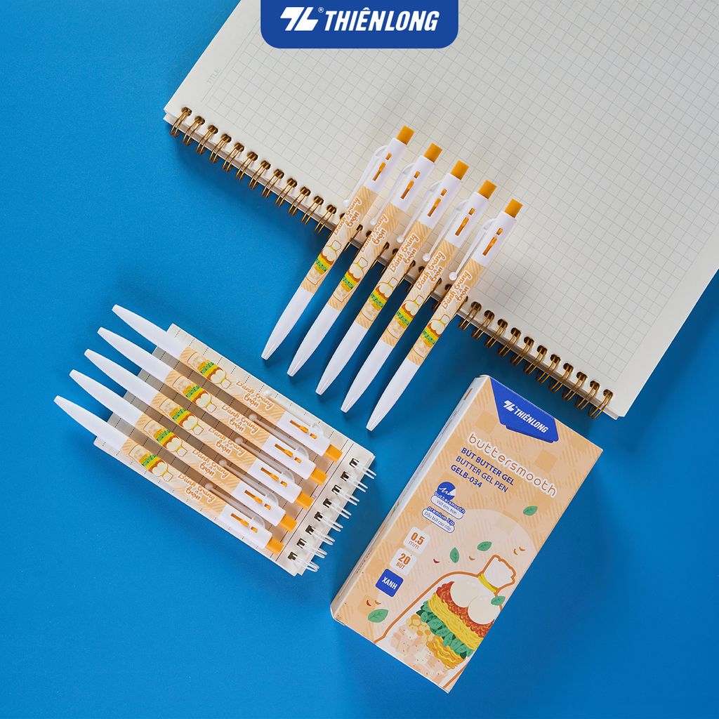 Combo 20 Bút gel B - Buttersmooth Gel Thiên Long GELB-034 - Premium Tip viết êm, trơn - Mực Xanh - Phiên bản Bánh tráng trộn, Bánh tráng nướng, Gỏi cuốn