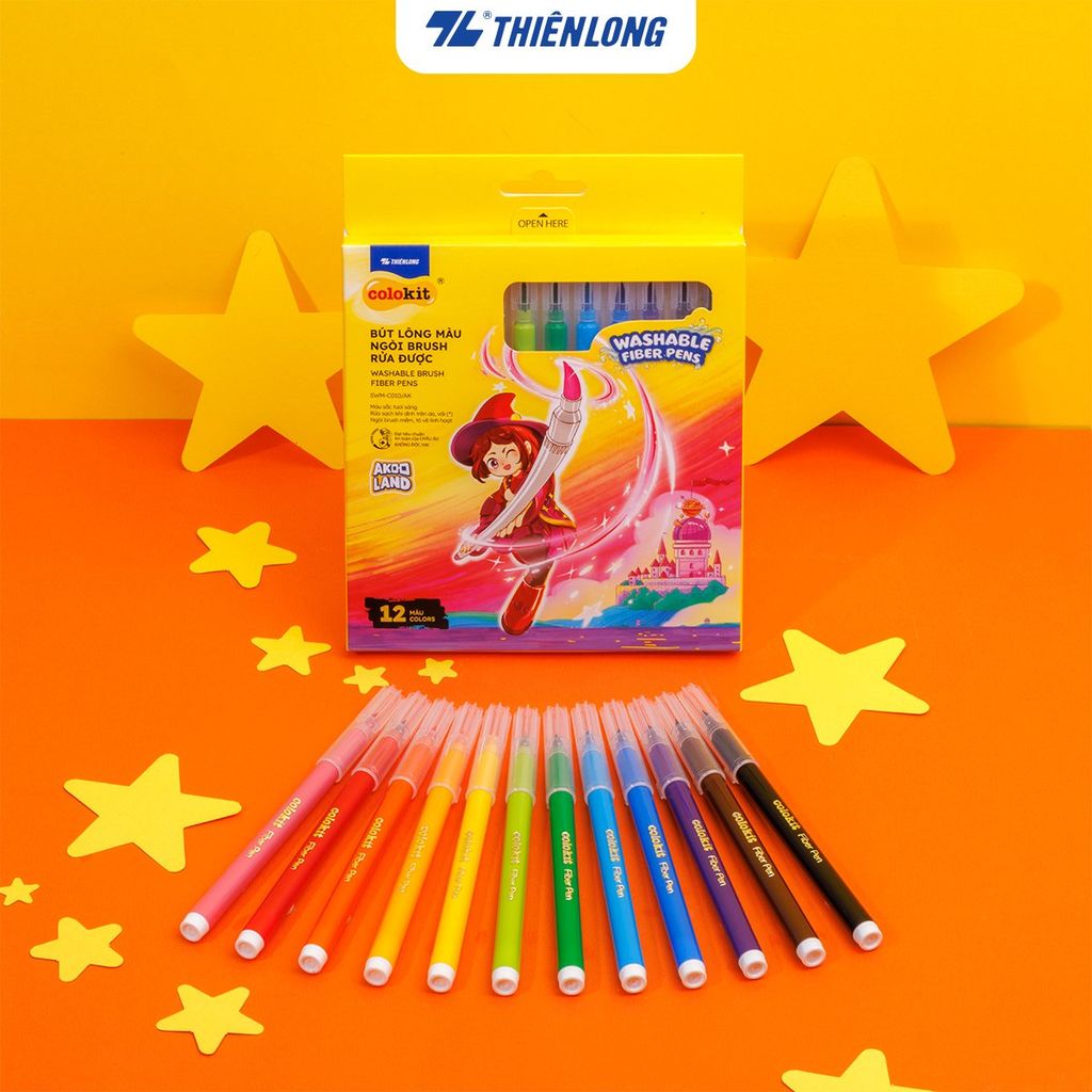 Hộp bút lông 12/ 24 màu rửa được - Washable Brush Fiber Pen Thiên Long Colokit - Nhân vật Futy Akooland thế giới học cụ thần kỳ