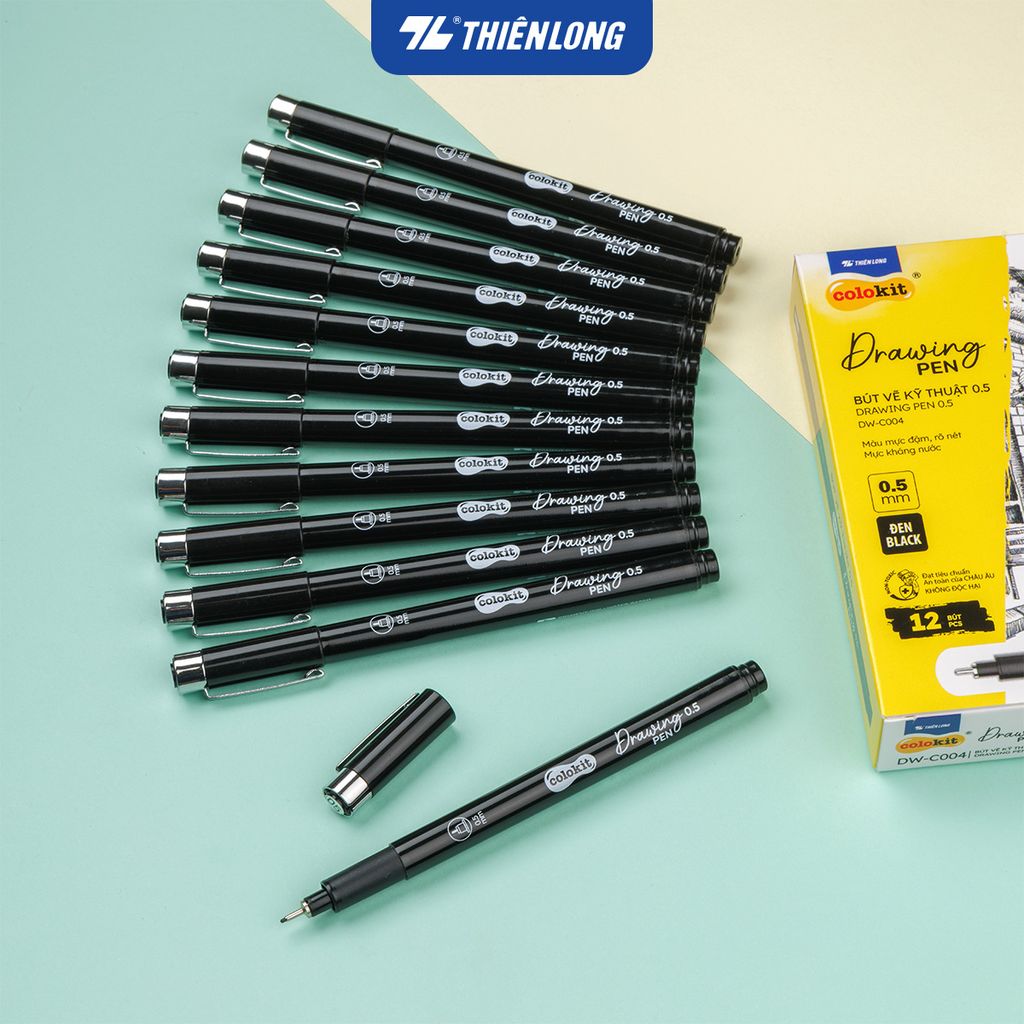 Combo 12 Bút kim kỹ thuật - Drawing Pen Thiên Long Colokit - Mực kháng nước, đậm, rõ nét