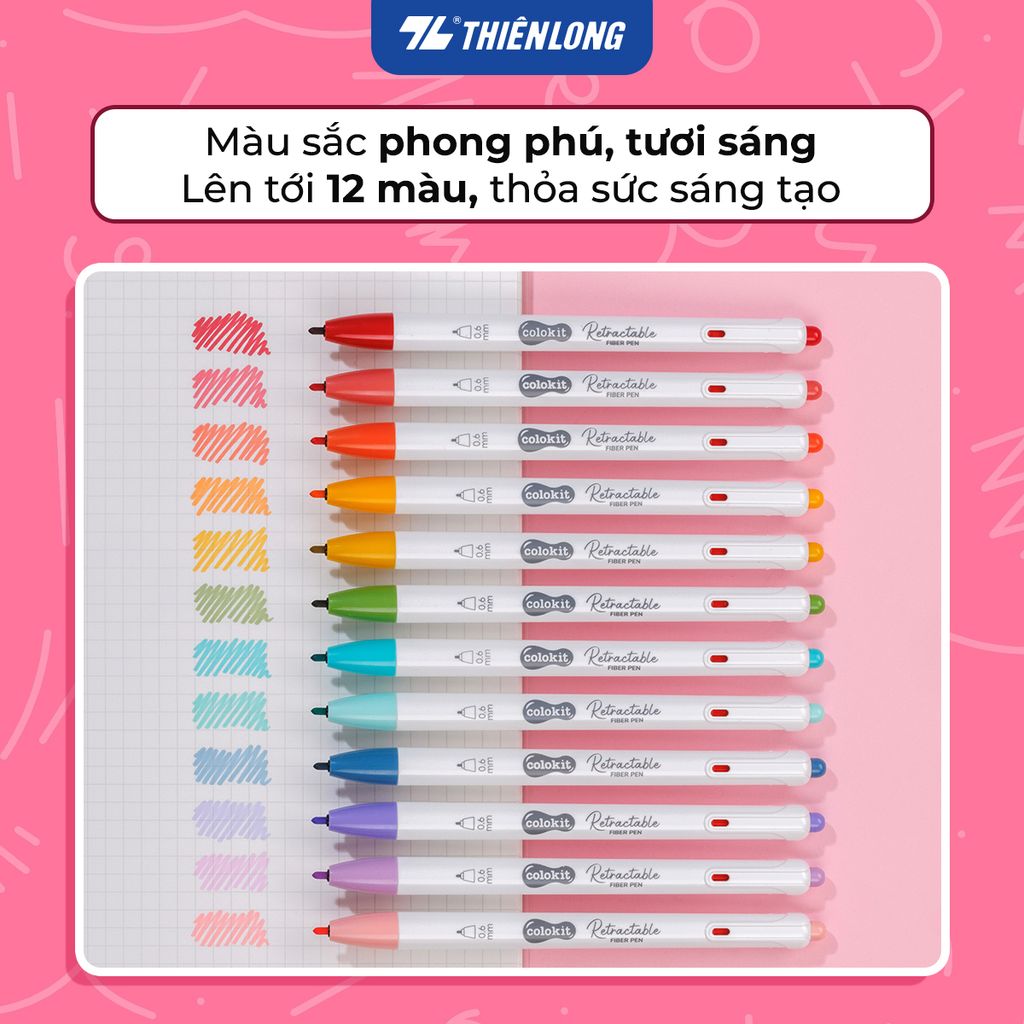 Bút lông 6/12 màu dạng bấm Retractable Fiber Pens Kawaii Thiên Long Colokit - 0.6mm
