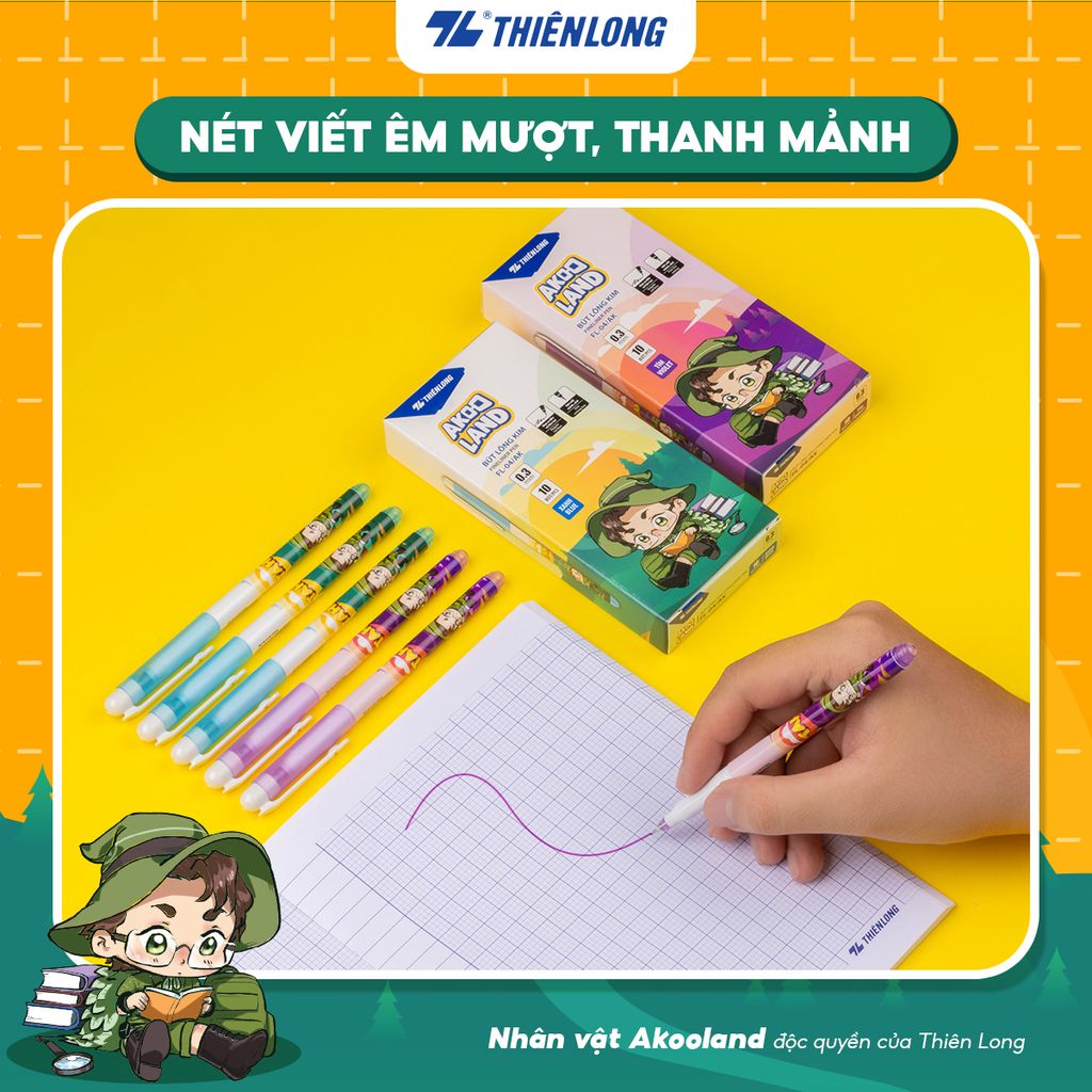 Combo 20 Bút lông kim Thiên Long FL-04/AK - Nét viết 0.3mm mảnh nhỏ Mực đều liên tục, nhân vật Akooland Tahi