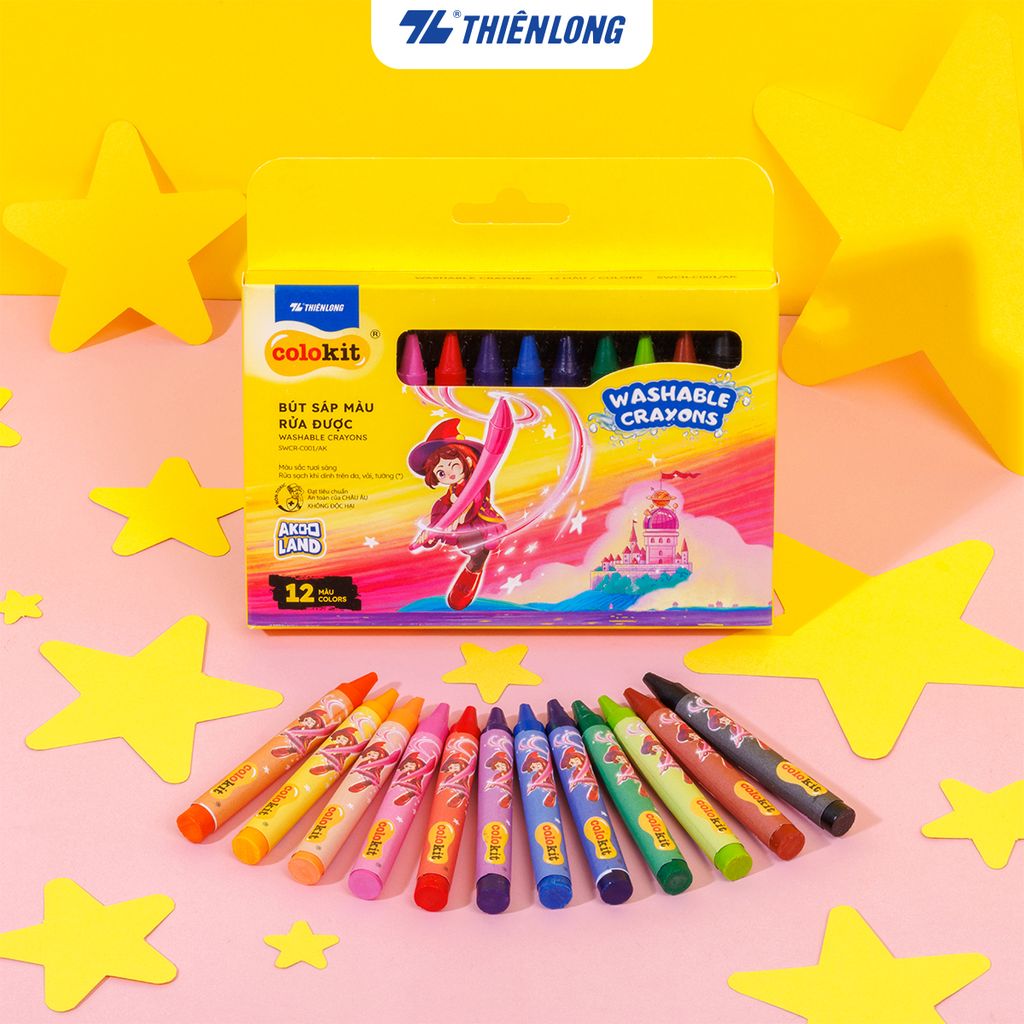 Sáp 12/18/24 màu rửa được - Washable Crayons Thiên Long Colokit - Nhân vật Futy Akooland thế giới học cụ thần kỳ