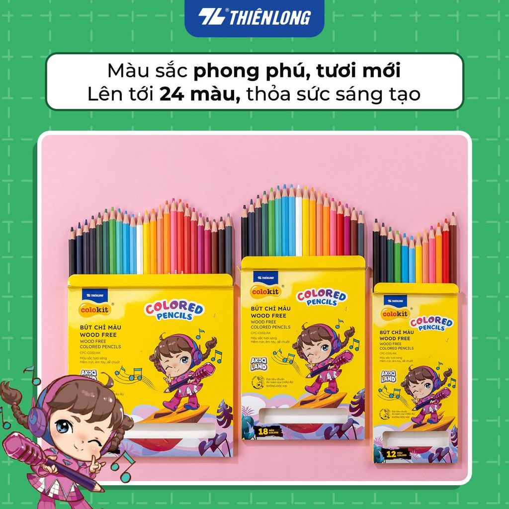 Bút chì 12/18/24 màu Wood Free - Colored Pencils Thiên Long Colokit - Nhân vật Cici Akooland thế giới học cụ thần kỳ
