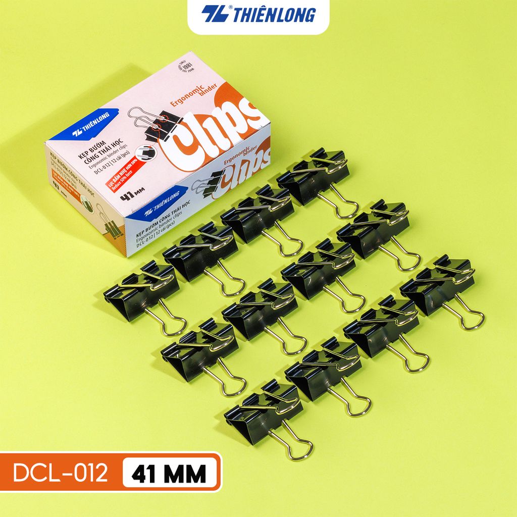 Hộp 12 kẹp bướm công thái học Thiên Long - Ergonomic Binder Clips - Lực bấm nhẹ hơn - Nhiều kích thước lựa chọn