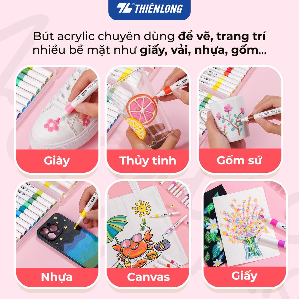 Acrylic Markers 1 đầu ngòi/ Bút sơn/ Bút lông 12/24/36 màu ThiênLong Colokit - Màu sắc tươi sáng, Trang trí đa chất liệu