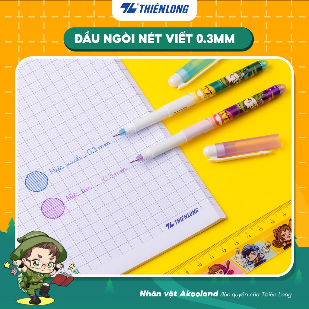Combo 20 Bút lông kim Thiên Long FL-04/AK - Nét viết 0.3mm mảnh nhỏ Mực đều liên tục, nhân vật Akooland Tahi