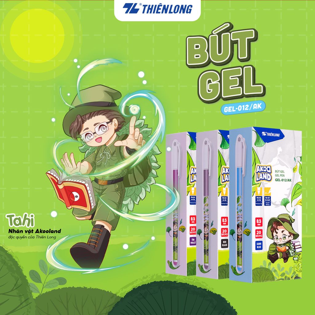 Combo 20 Bút gel Thiên Long GEL-012/AK - Nét viết 0.5mm êm mượt, đầu bút cao cấp, mực đều liên tục, nhân vật Akooland Tahi