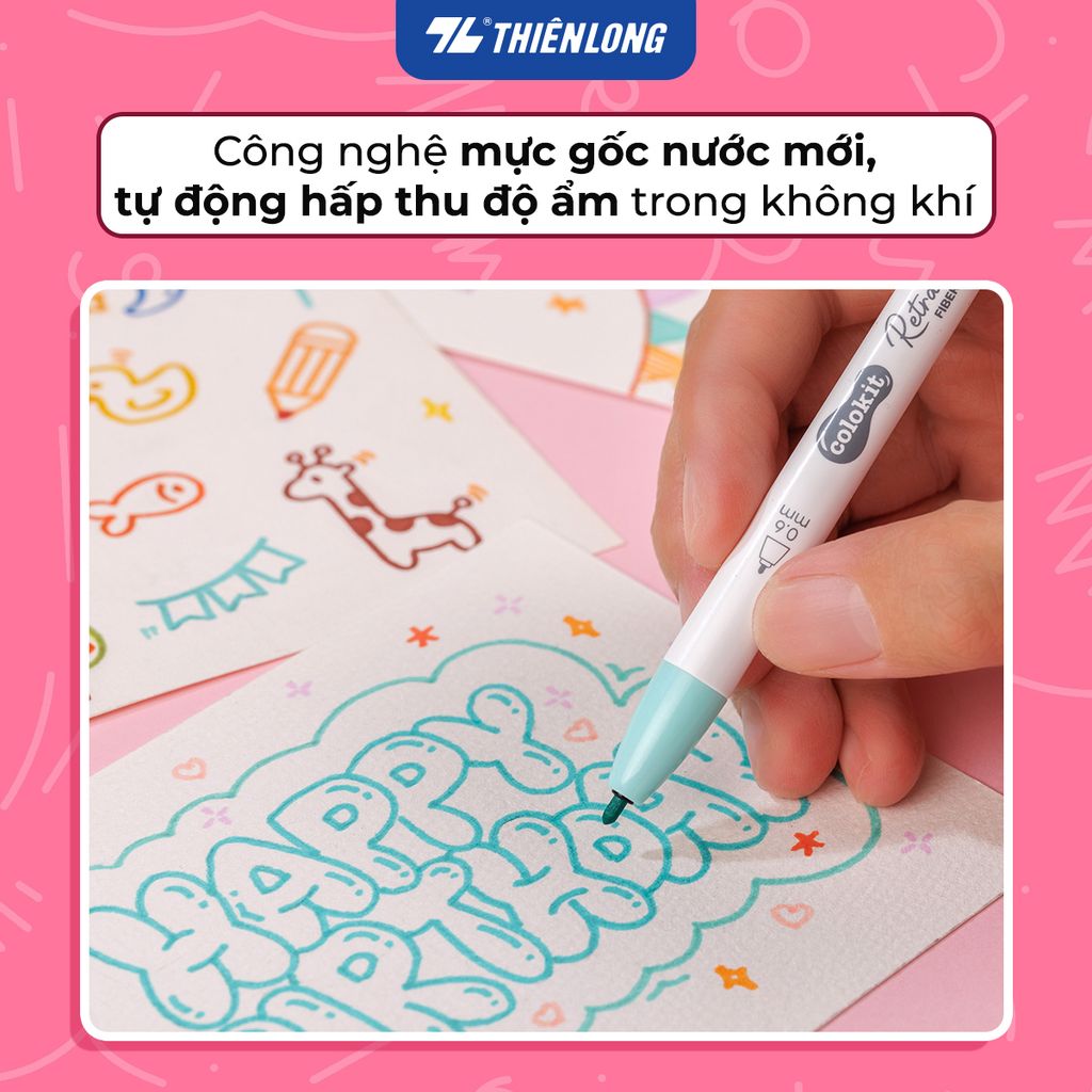 Bút lông 6/12 màu dạng bấm Retractable Fiber Pens Kawaii Thiên Long Colokit - 0.6mm