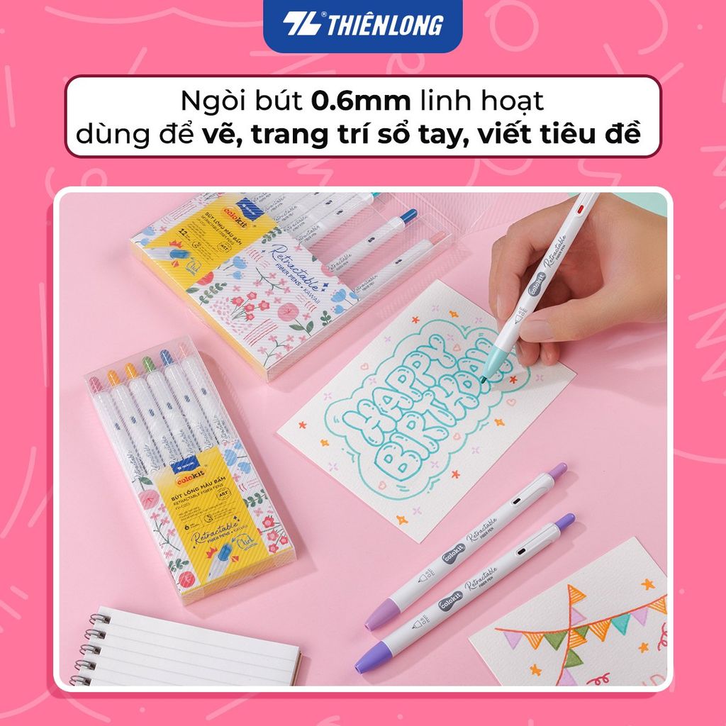 Bút lông 6/12 màu dạng bấm Retractable Fiber Pens Kawaii Thiên Long Colokit - 0.6mm