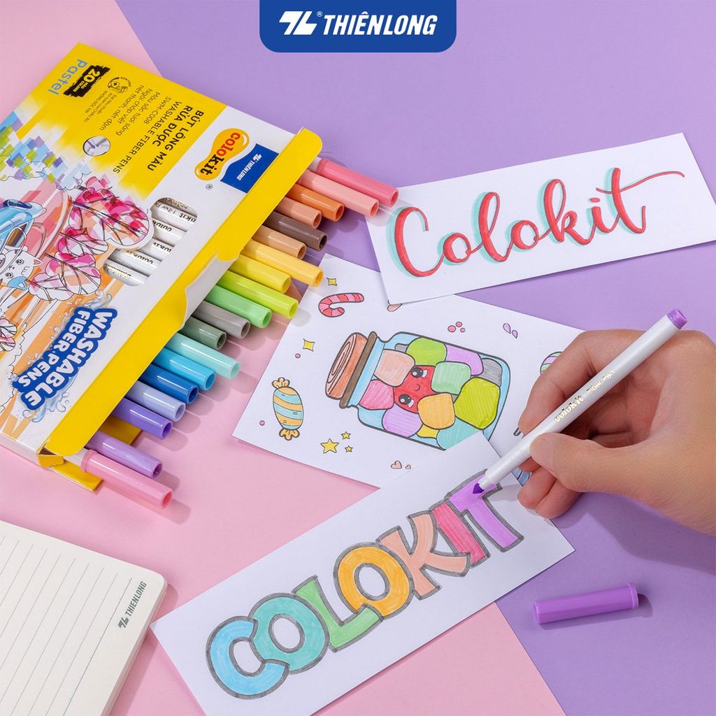 Bút lông 20 màu Pastel Fiber Pen Thiên Long Colokit SWM-C008 - Bút lông màu rửa được