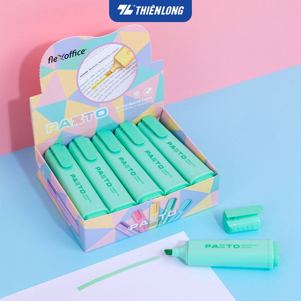 Combo 10 Bút dạ quang màu Pastel Thiên Long Flexoffice Pazto FO-HL009/VN - Bút dạ quang rửa được - Photocopy không làm mất nét chữ bên dưới