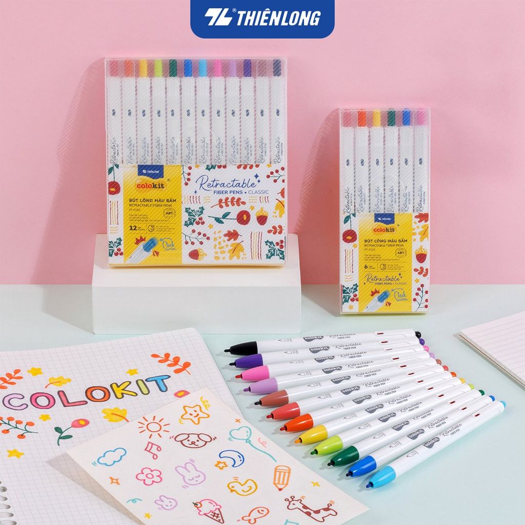 Bút lông 6/12 màu dạng bấm Retractable Fiber Pens Classic Thiên Long Colokit - 0.6mm