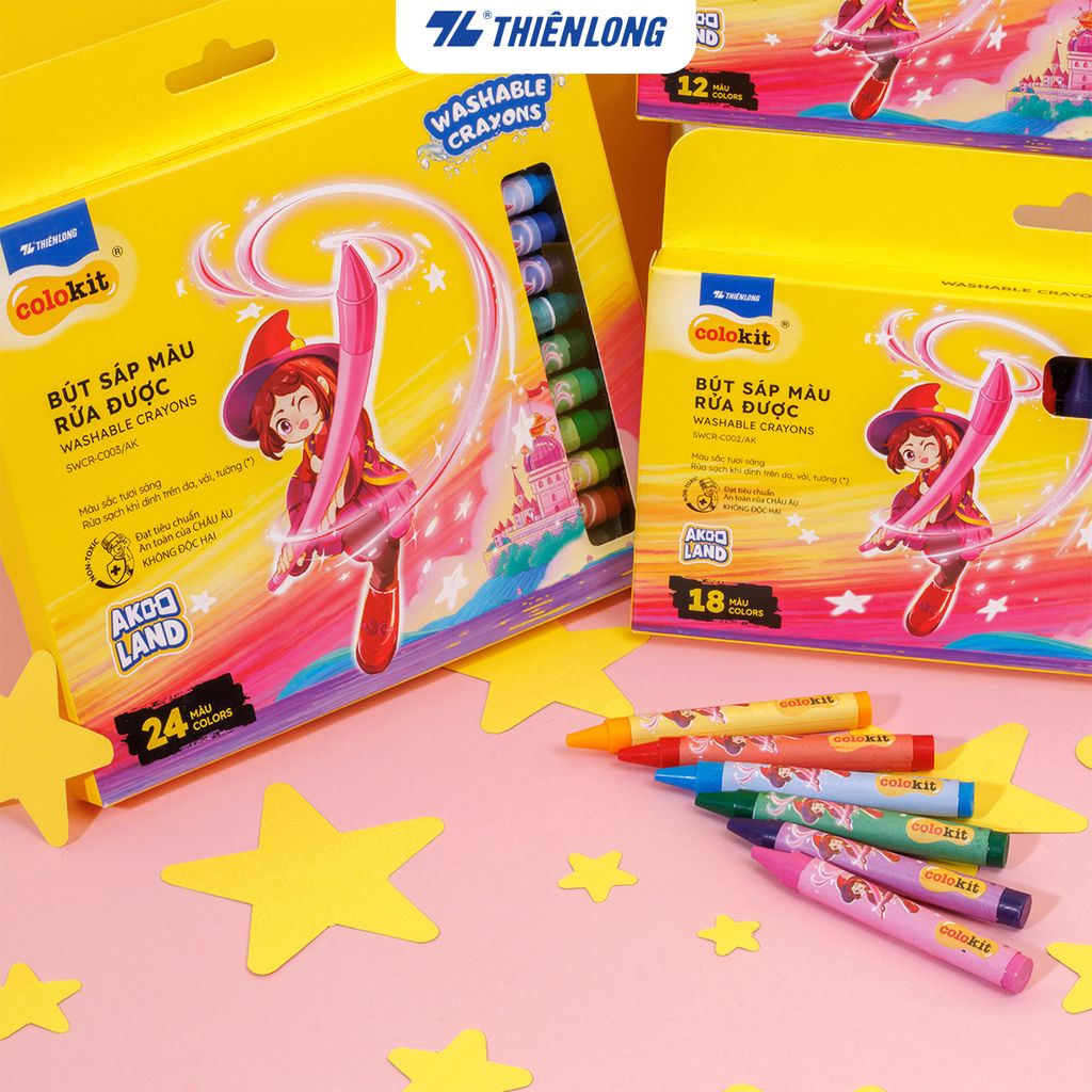 Sáp 12/18/24 màu rửa được - Washable Crayons Thiên Long Colokit - Nhân vật Futy Akooland thế giới học cụ thần kỳ