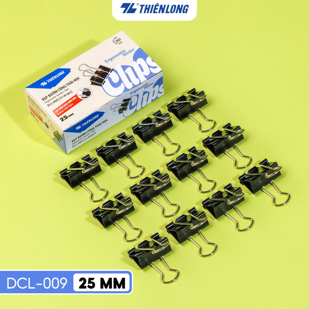 Hộp 12 kẹp bướm công thái học Thiên Long - Ergonomic Binder Clips - Lực bấm nhẹ hơn - Nhiều kích thước lựa chọn