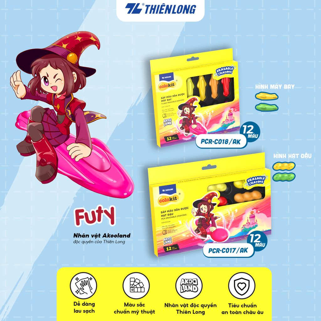 Sáp nhựa 12 màu xóa được - Erasable Crayons Thiên Long Colokit - Nhân vật Futy Akooland thế giới học cụ thần kỳ