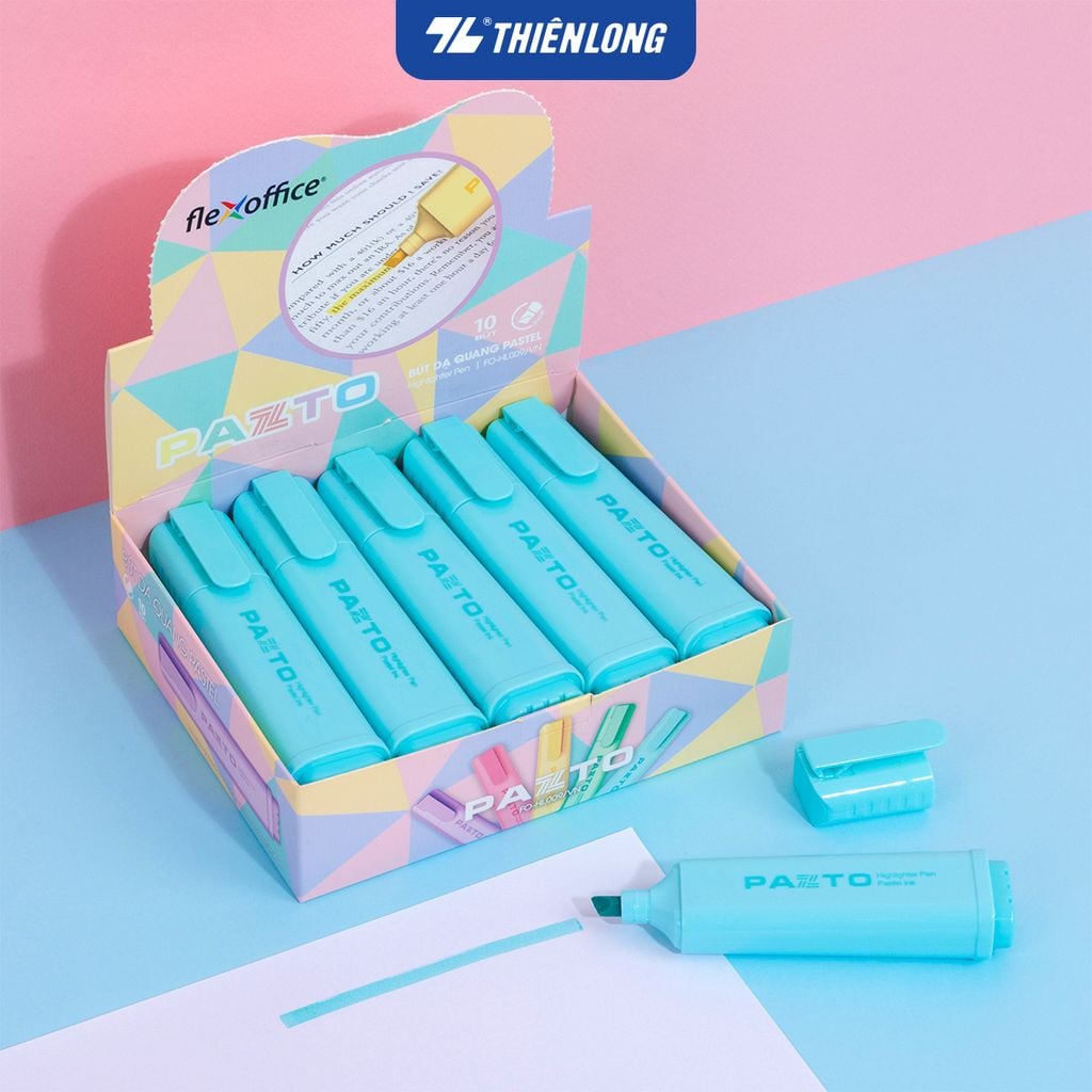 Combo 10 Bút dạ quang màu Pastel Thiên Long Flexoffice Pazto FO-HL009/VN - Bút dạ quang rửa được - Photocopy không làm mất nét chữ bên dưới