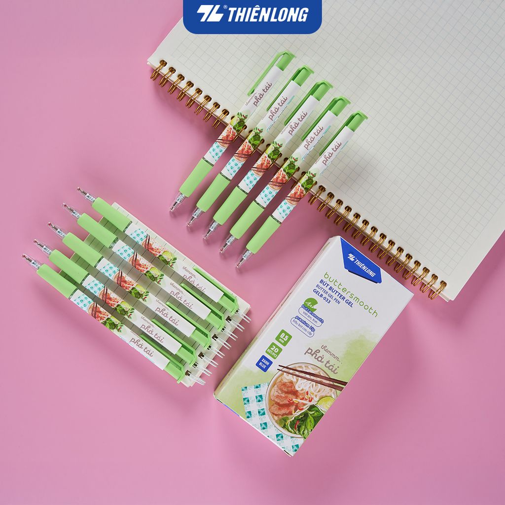 Combo 20 Bút gel B - Buttersmooth Gel Thiên Long GELB-033 - Premium Tip viết êm, trơn - Mực Xanh - Phiên bản Cơm tấm, Bánh mì, Phở tái