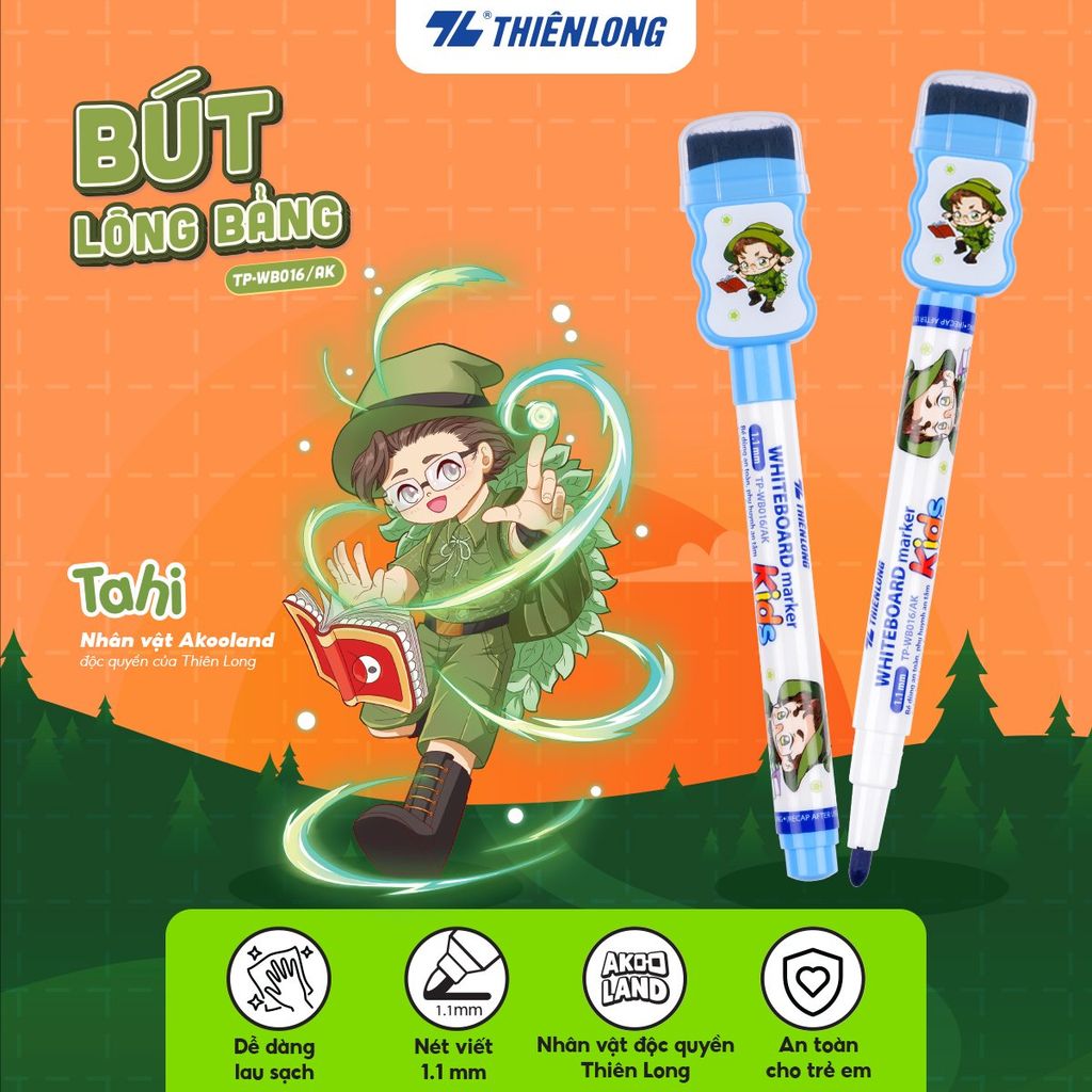 Bút lông bảng - Whiteboard Marker for Kids Thiên Long TP-WB016/AK - Nét viết 1.1mm Không Xylene Không độc hại - Nhân vật Akooland thế giới học cụ thần kỳ