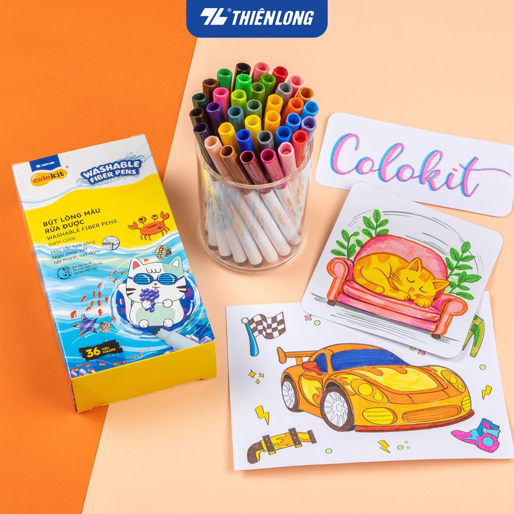 Hộp Bút Lông 36 Màu Fiber Pen Washable - Nét Mảnh Nét To - Colokit SWM-C006