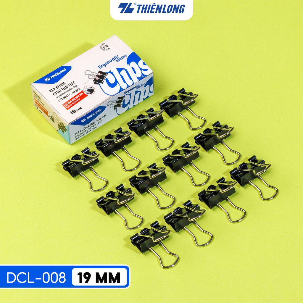 Hộp 12 kẹp bướm công thái học Thiên Long - Ergonomic Binder Clips - Lực bấm nhẹ hơn - Nhiều kích thước lựa chọn