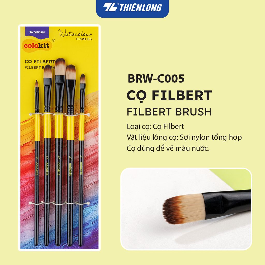 Bộ 5 Cọ vẽ màu nước đầu Round/ Flat/ Filbert Thiên Long Colokit