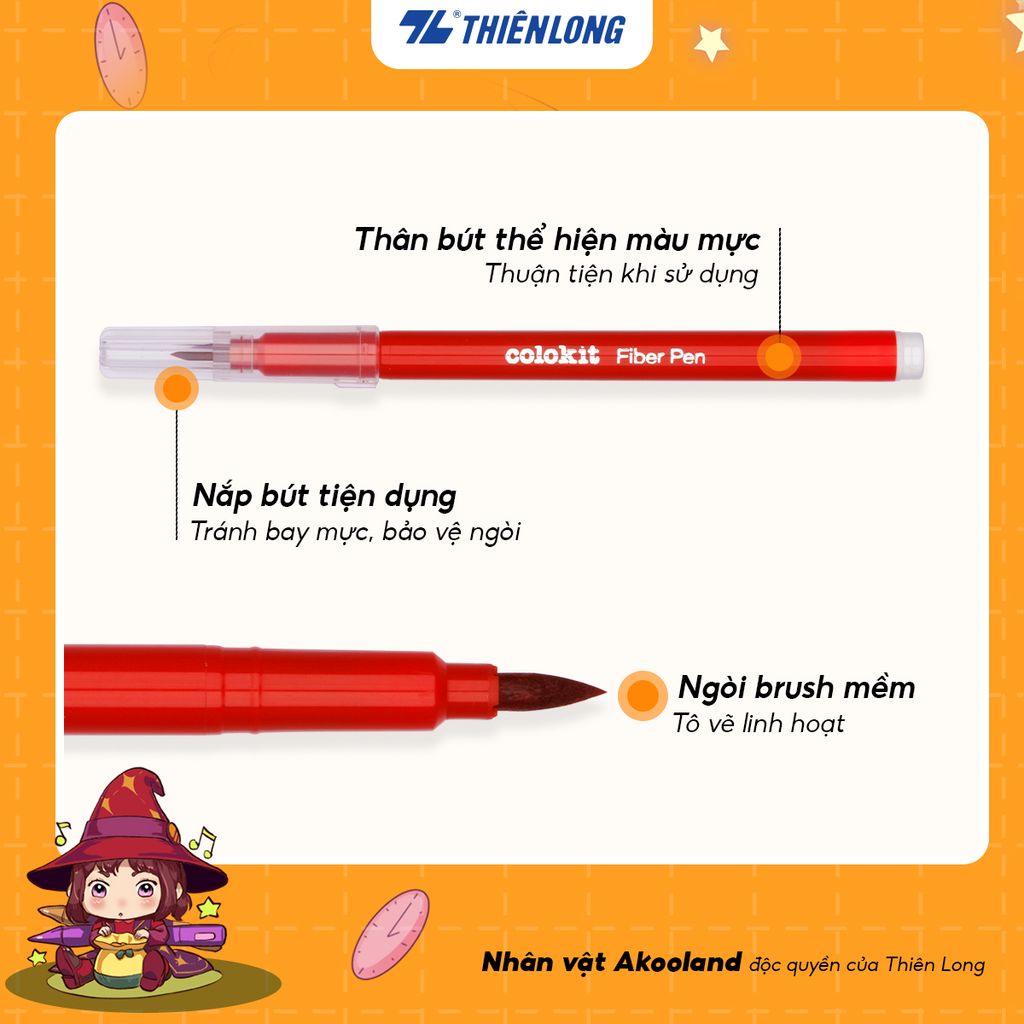 Hộp bút lông 12/ 24 màu rửa được - Washable Brush Fiber Pen Thiên Long Colokit - Nhân vật Futy Akooland thế giới học cụ thần kỳ