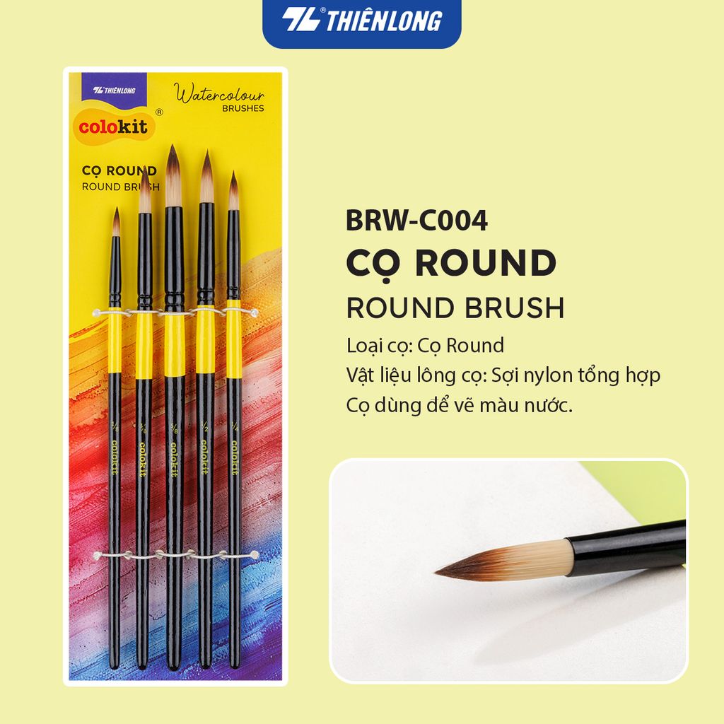 Bộ 5 Cọ vẽ màu nước đầu Round/ Flat/ Filbert Thiên Long Colokit