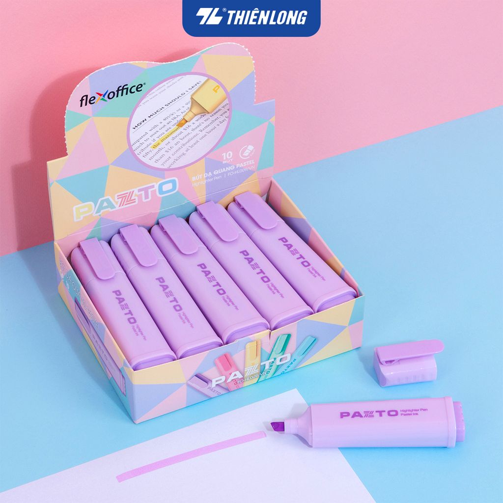 Combo 10 Bút dạ quang màu Pastel Thiên Long Flexoffice Pazto FO-HL009/VN - Bút dạ quang rửa được - Photocopy không làm mất nét chữ bên dưới