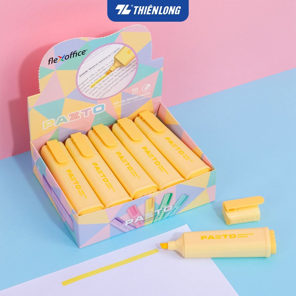 Combo 10 Bút dạ quang màu Pastel Thiên Long Flexoffice Pazto FO-HL009/VN - Bút dạ quang rửa được - Photocopy không làm mất nét chữ bên dưới