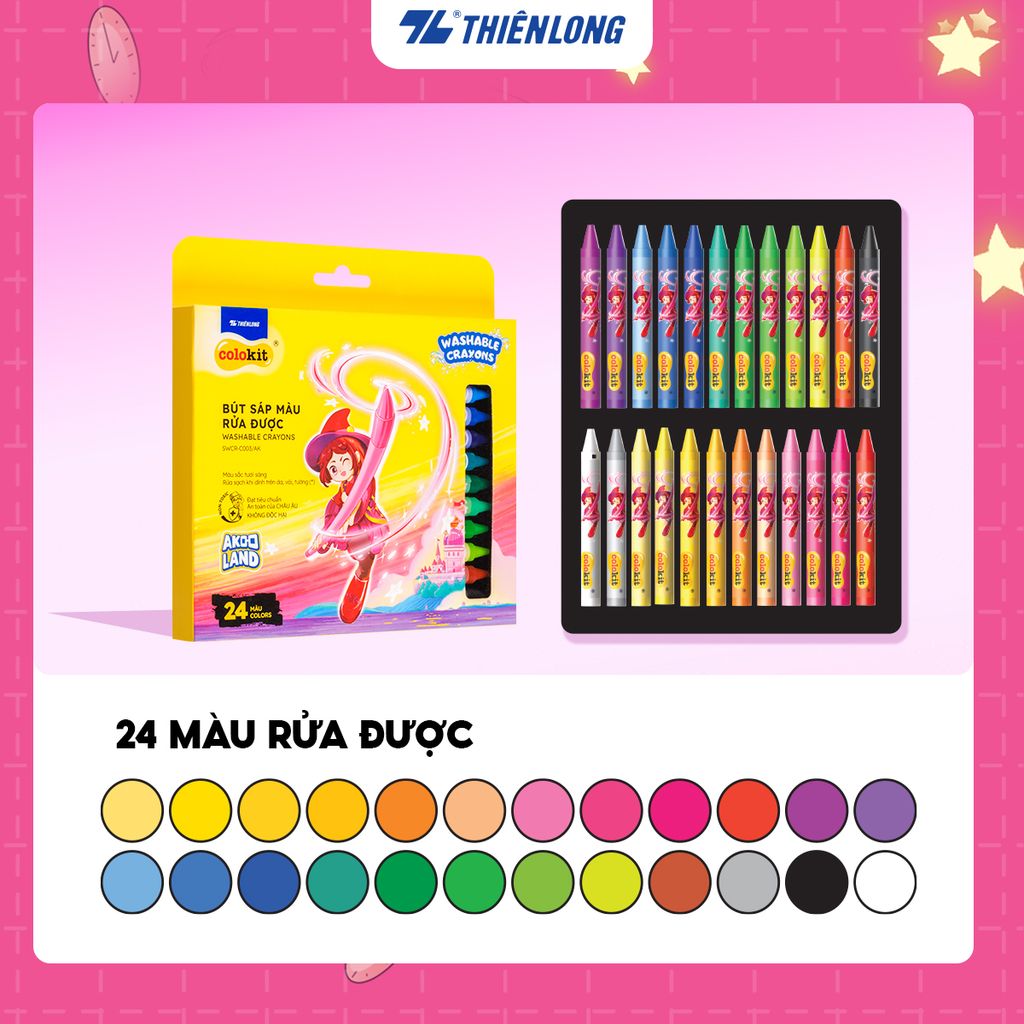 Sáp 12/18/24 màu rửa được - Washable Crayons Thiên Long Colokit - Nhân vật Futy Akooland thế giới học cụ thần kỳ