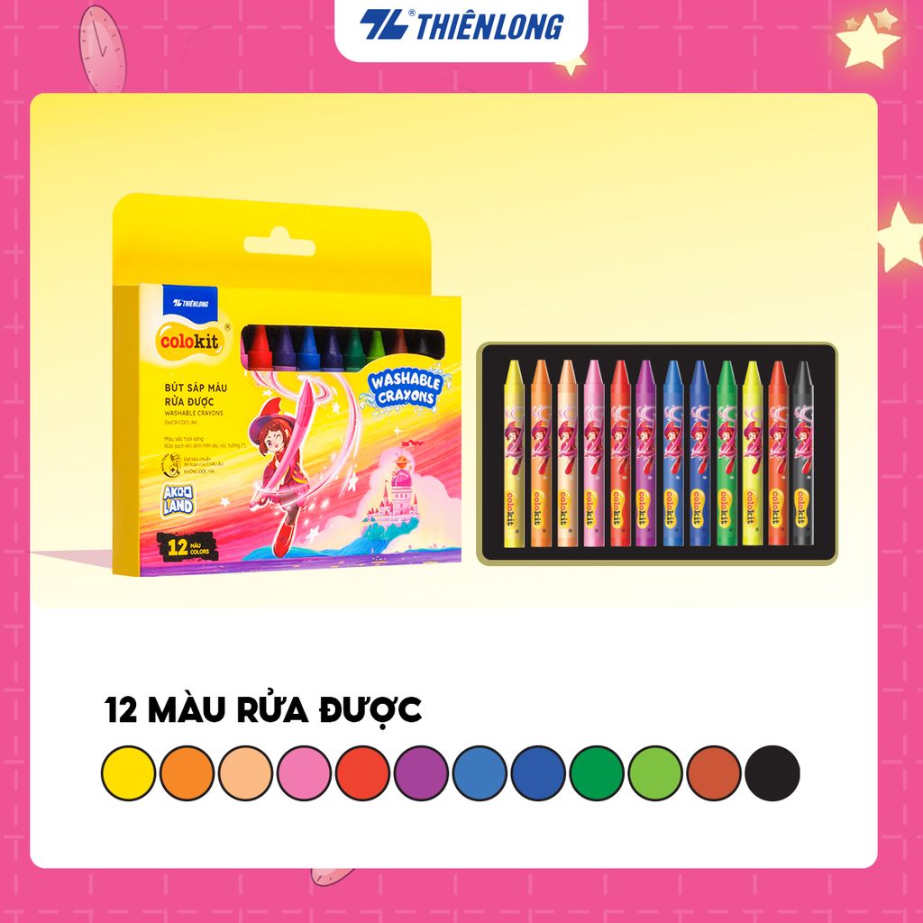 Sáp 12/18/24 màu rửa được - Washable Crayons Thiên Long Colokit - Nhân vật Futy Akooland thế giới học cụ thần kỳ