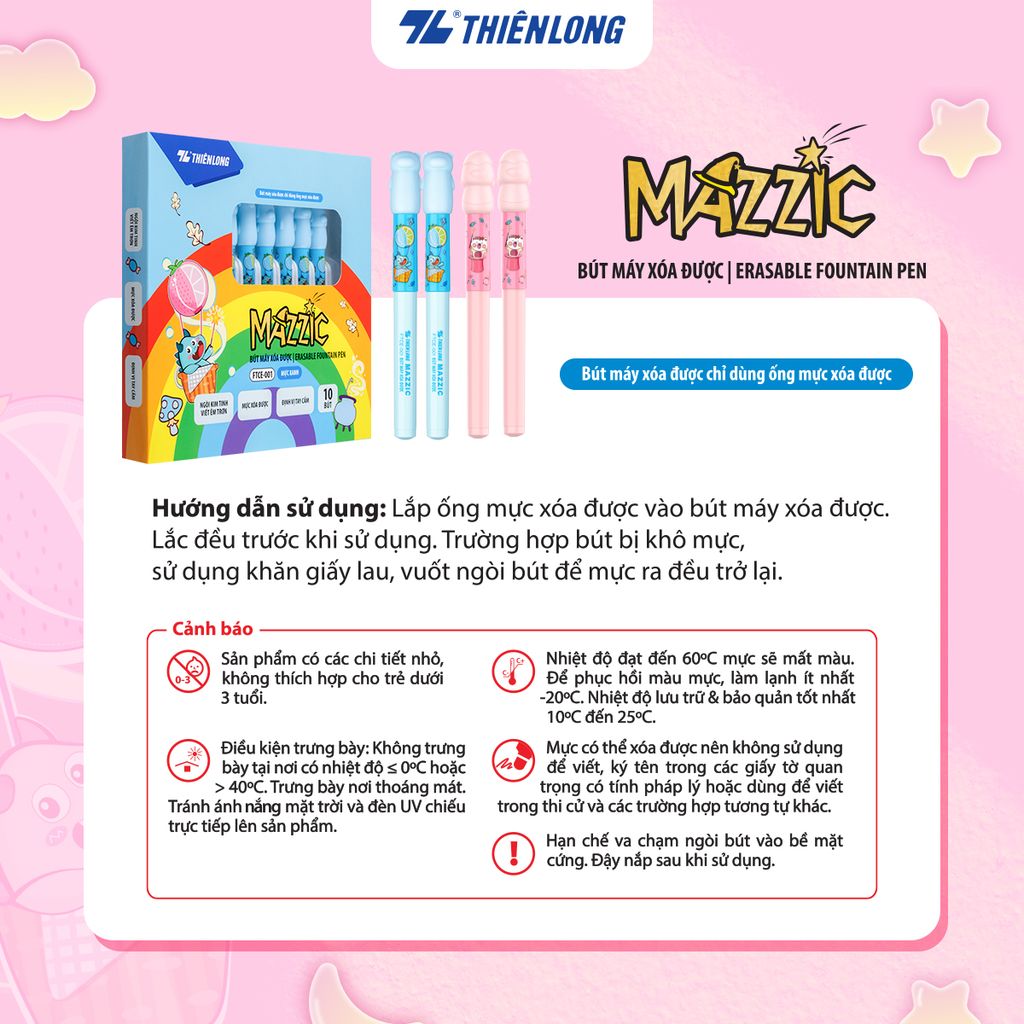 Combo 10 Bút máy xóa được Mazzic Thiên Long FTCE-001 - Ngòi cải tiến, trơn, êm với ống mực không lắng cặn