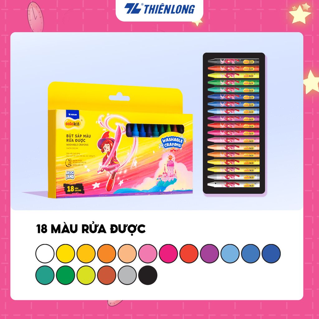 Sáp 12/18/24 màu rửa được - Washable Crayons Thiên Long Colokit - Nhân vật Futy Akooland thế giới học cụ thần kỳ