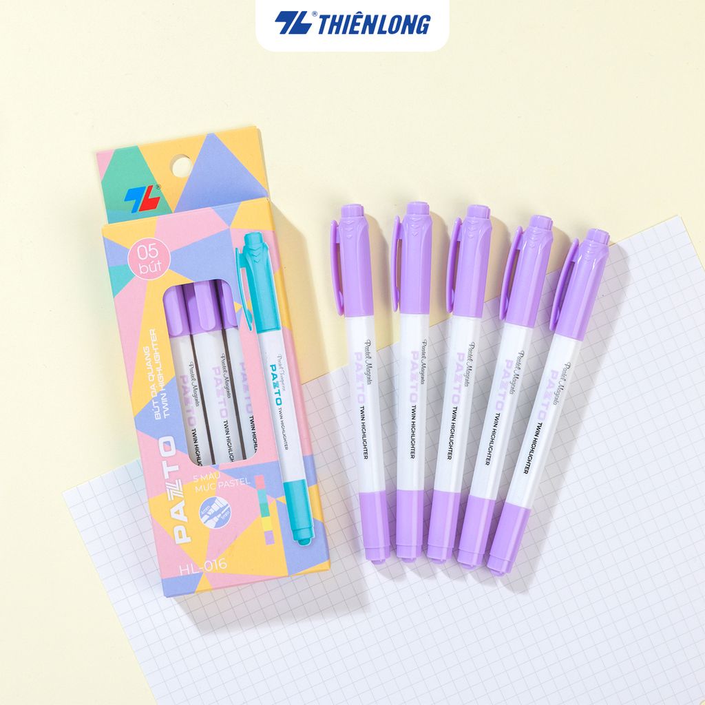 Combo 5 Bút dạ quang màu Pastel Thiên Long Pazto HL-016 - Bút dạ quang rửa được - Photocopy không làm mất nét chữ bên dưới
