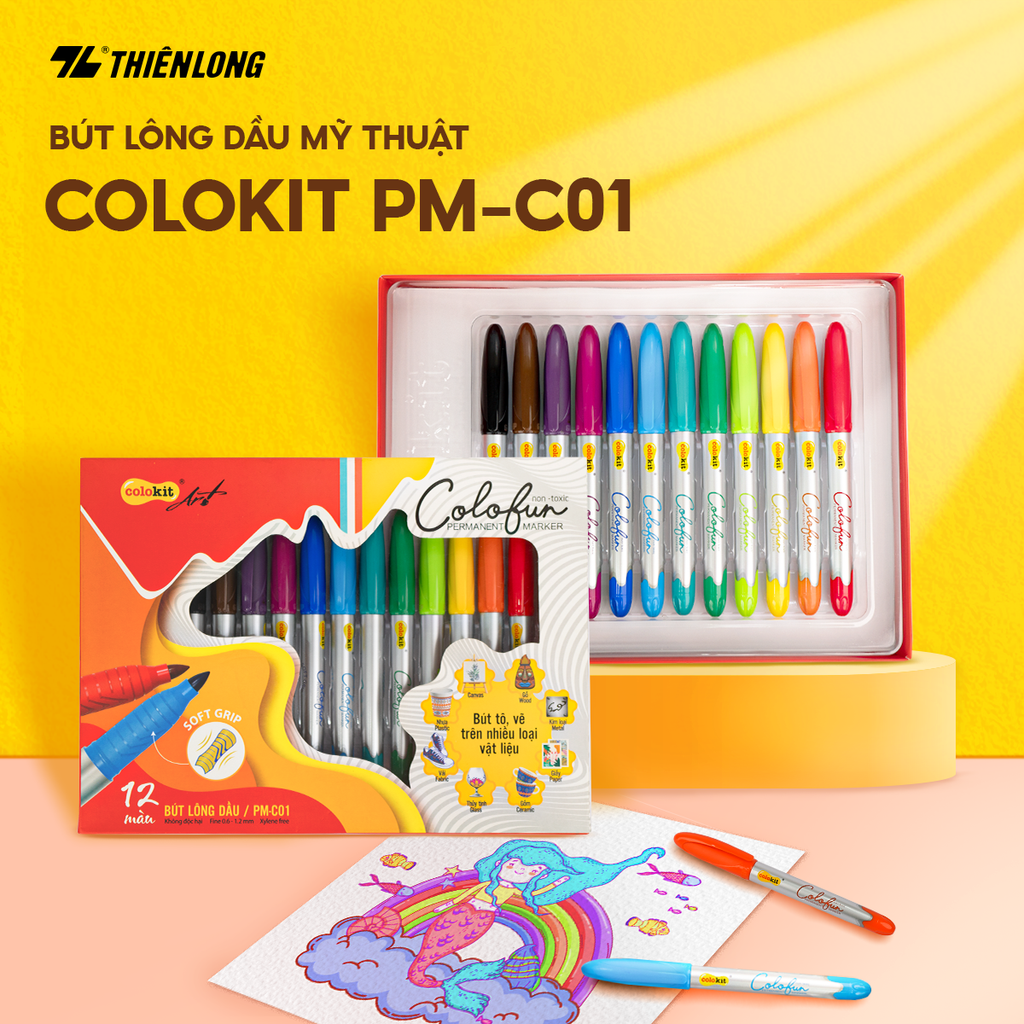 Hộp 12 bút lông dầu mỹ thuật Colokit PM-C01 vẽ được trên nhiều chất liệu, màu mực đậm, tươi sáng