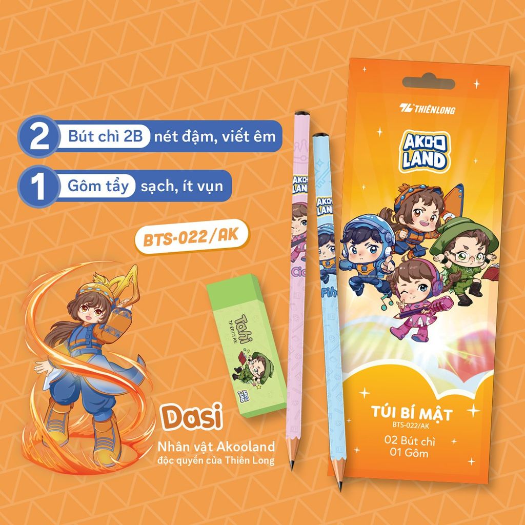 Bộ 2 bút chì và gôm Thiên Long BTS-022/AK - Nhân vật Akooland thế giới học cụ thần kỳ - Mẫu ngẫu nhiên