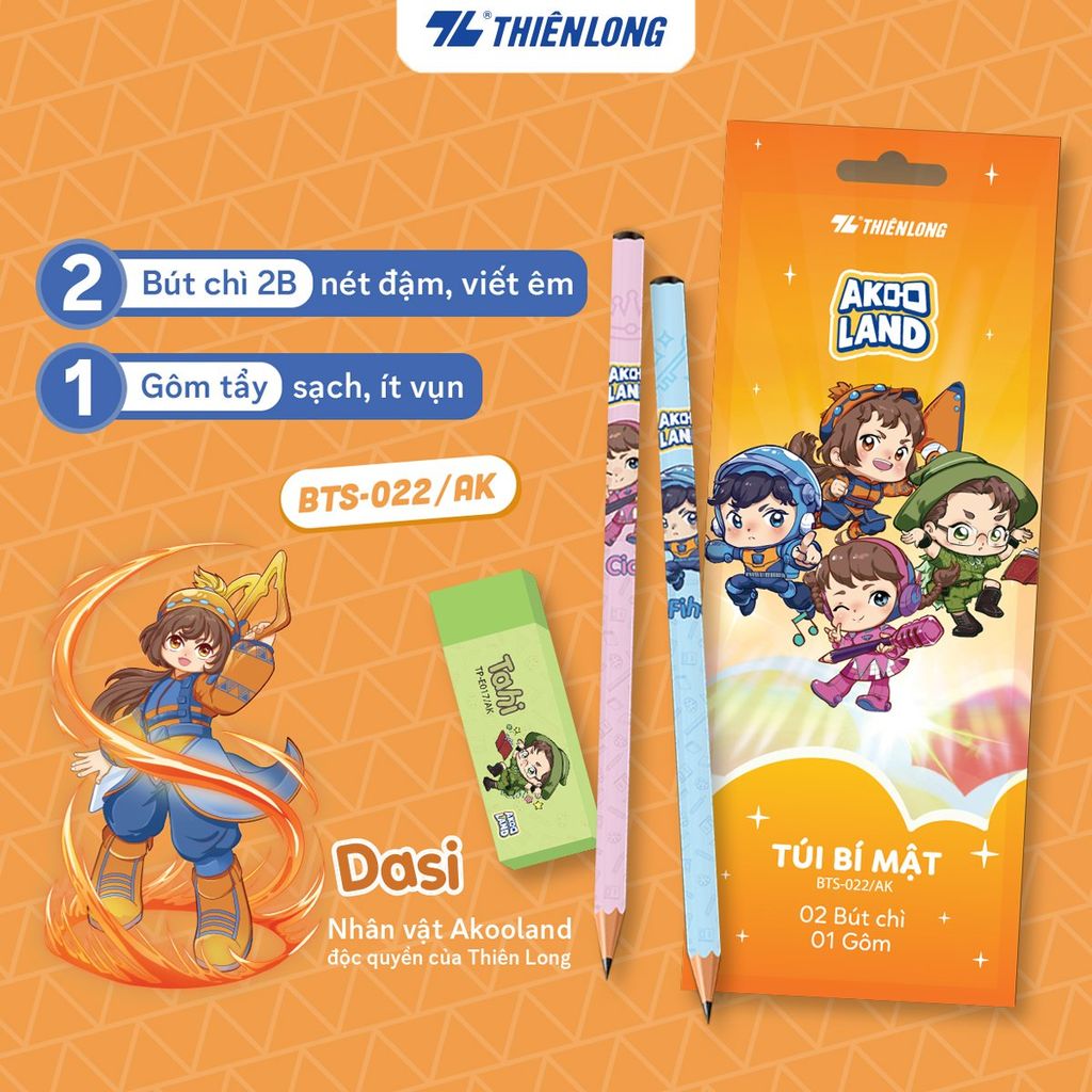 Bộ 2 bút chì và gôm Thiên Long BTS-022/AK - Nhân vật Akooland thế giới học cụ thần kỳ - Mẫu ngẫu nhiên
