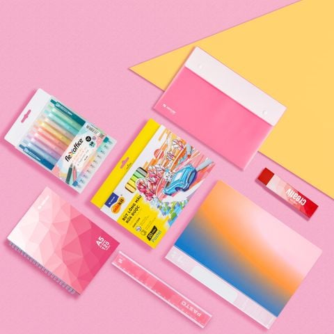 Combo Hồng ngọt ngào 07 món - Bộ dụng cụ học tập thể hiện cá tính (Lưu trữ tài liệu, sổ, bút màu, bút trang trí)