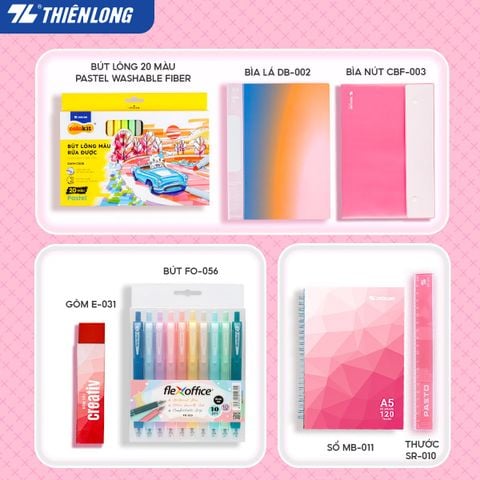 Combo Hồng ngọt ngào 07 món - Bộ dụng cụ học tập thể hiện cá tính (Lưu trữ tài liệu, sổ, bút màu, bút trang trí)