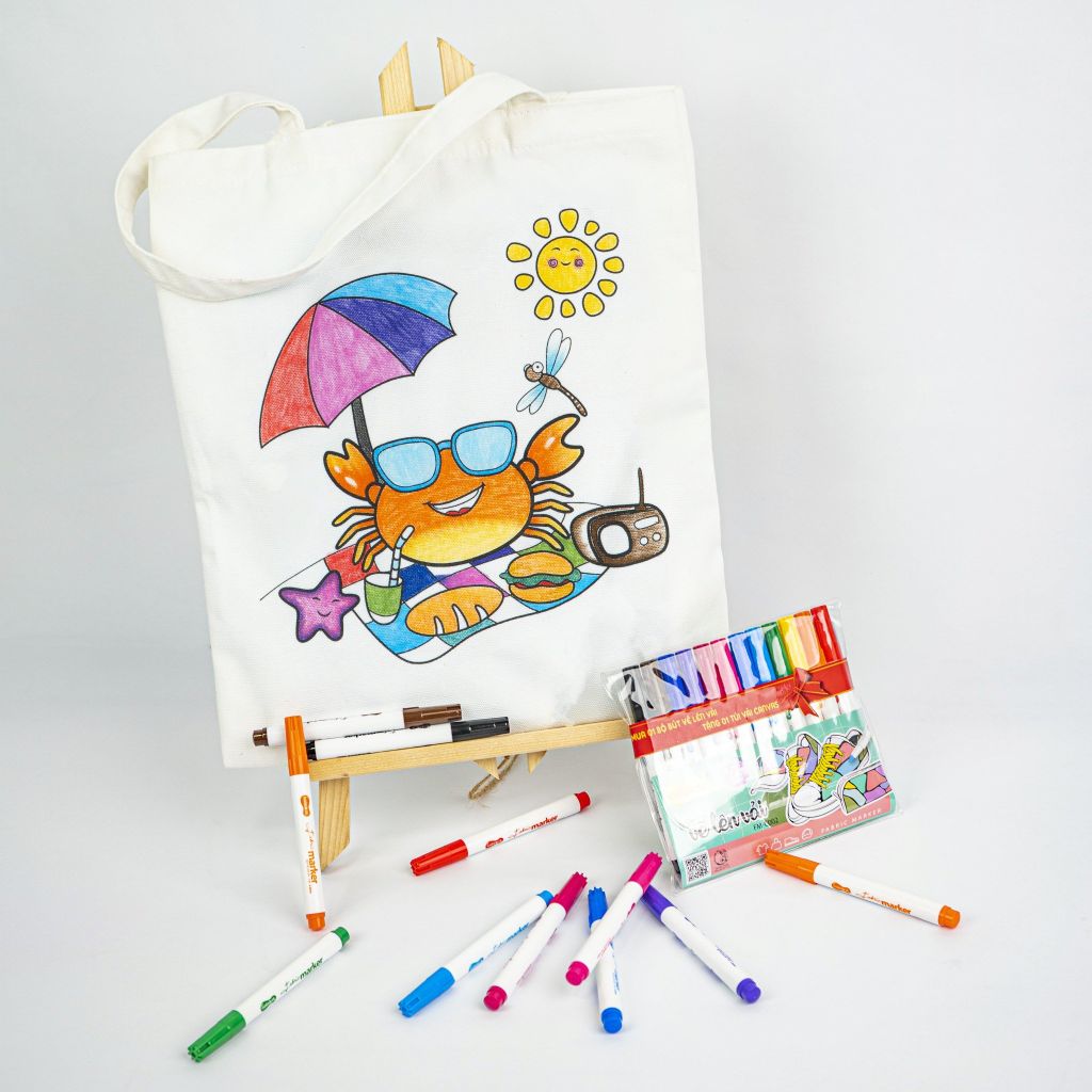 Combo Túi Canvas và Bộ 12 màu bút vẽ lên vải - Túi in hình mẫu chưa tô