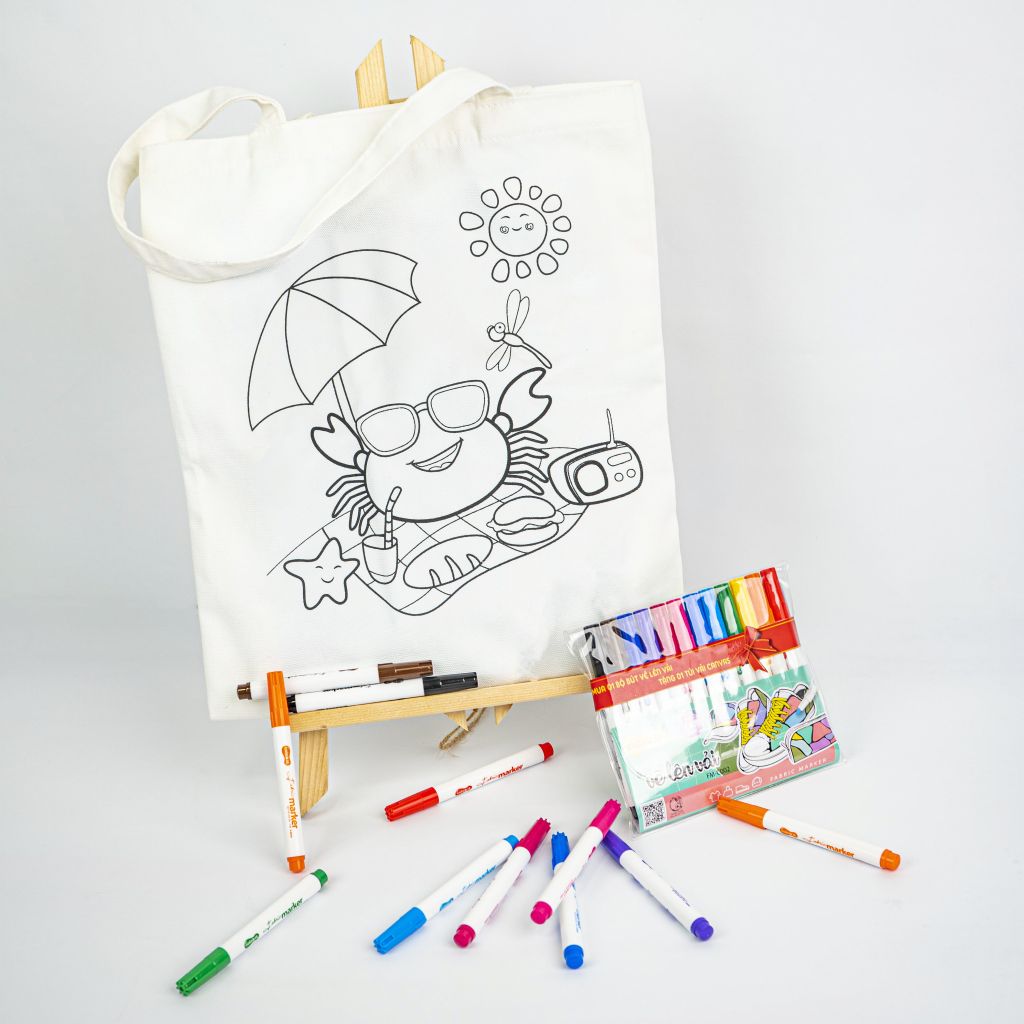 Combo Túi Canvas và Bộ 12 màu bút vẽ lên vải - Túi in hình mẫu chưa tô