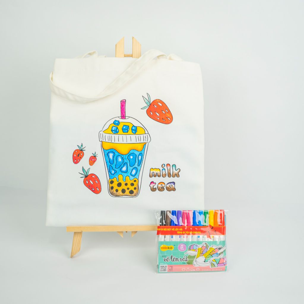 Combo Túi Canvas và Bộ 12 màu bút vẽ lên vải - Túi in hình mẫu chưa tô