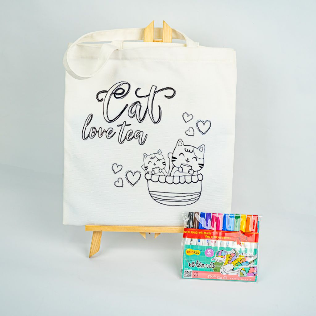 Combo Túi Canvas và Bộ 12 màu bút vẽ lên vải - Túi in hình mẫu chưa tô