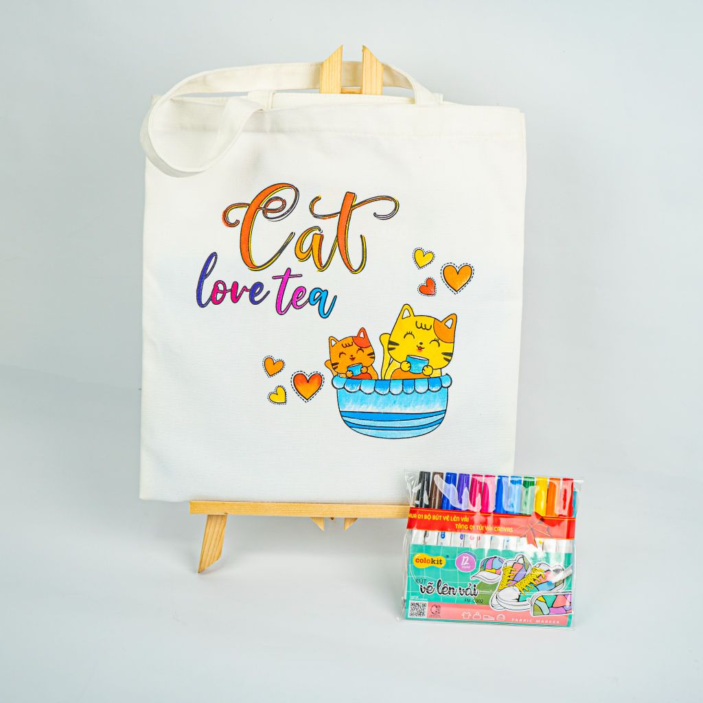 Combo Túi Canvas và Bộ 12 màu bút vẽ lên vải - Túi in hình mẫu chưa tô