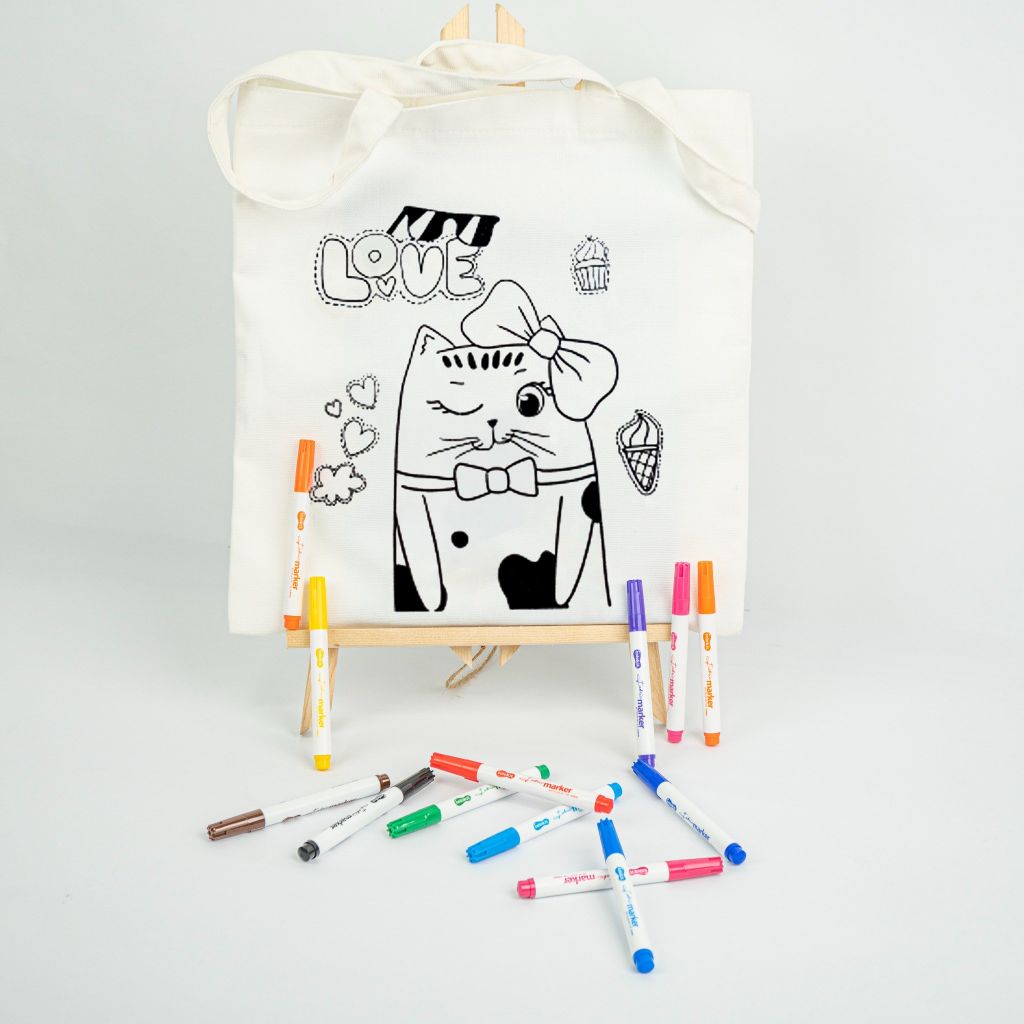 Combo Túi Canvas và Bộ 12 màu bút vẽ lên vải - Túi in hình mẫu chưa tô