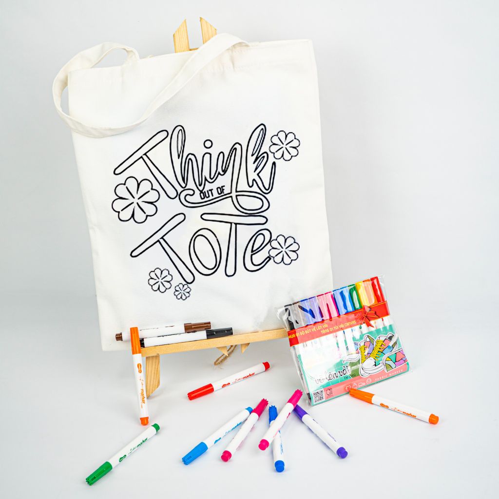 Combo Túi Canvas và Bộ 12 màu bút vẽ lên vải - Túi in hình mẫu chưa tô