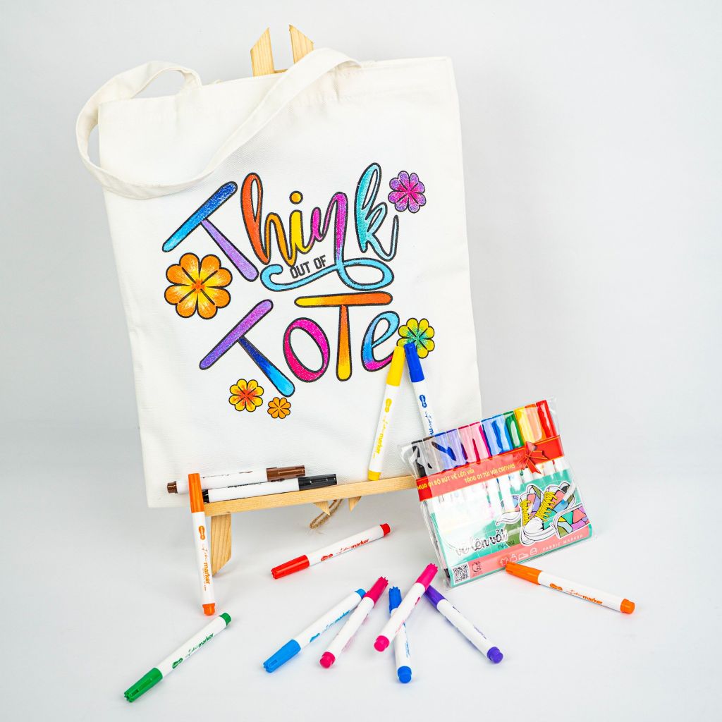 Combo Túi Canvas và Bộ 12 màu bút vẽ lên vải - Túi in hình mẫu chưa tô