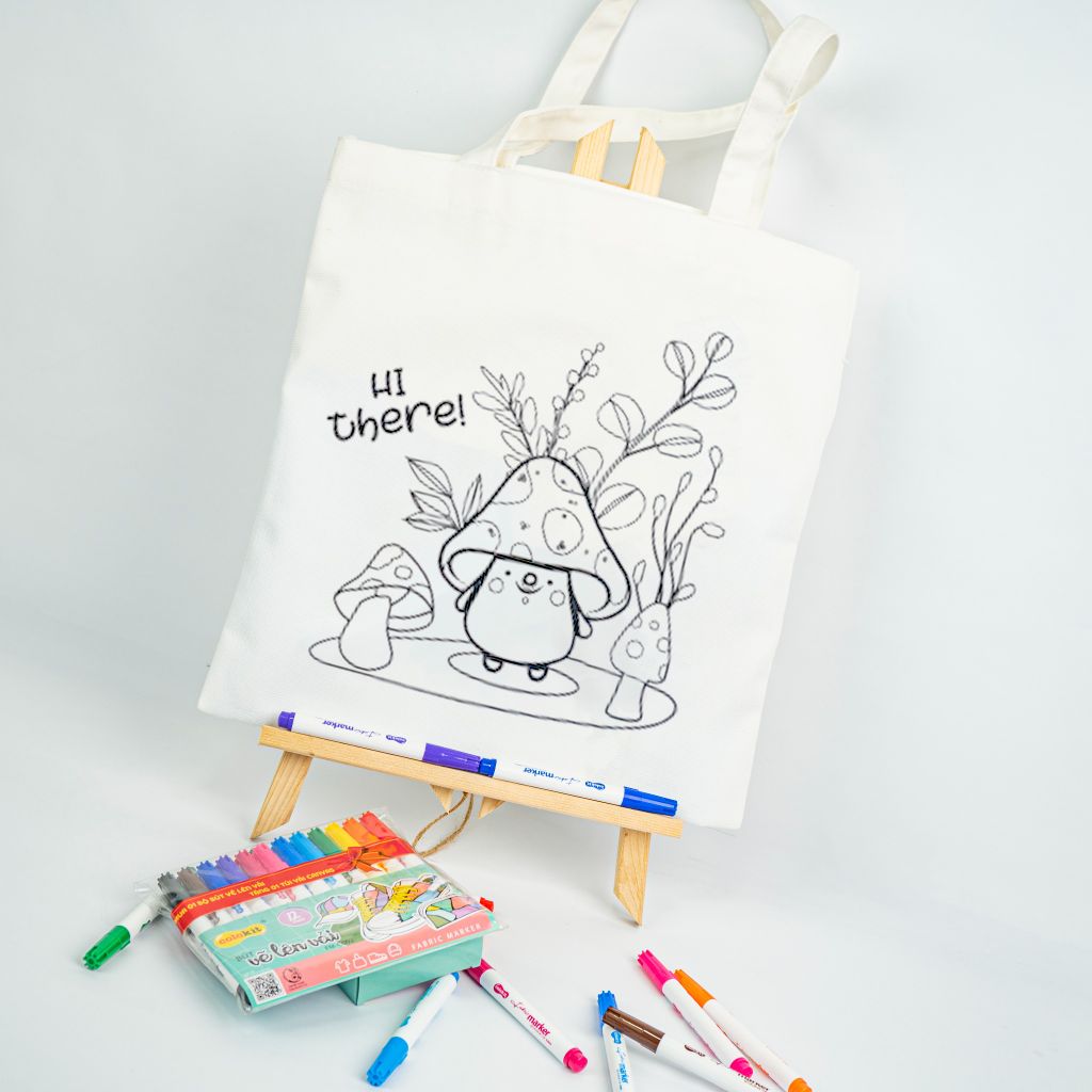 Combo Túi Canvas và Bộ 12 màu bút vẽ lên vải - Túi in hình mẫu chưa tô